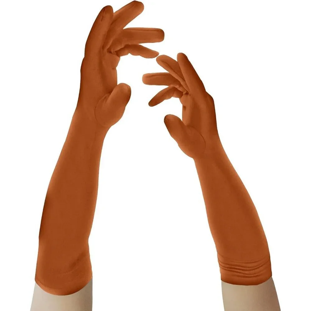 Women's Brown Elbow Length Fabric Satin Gloves Halloween Costume Accessories